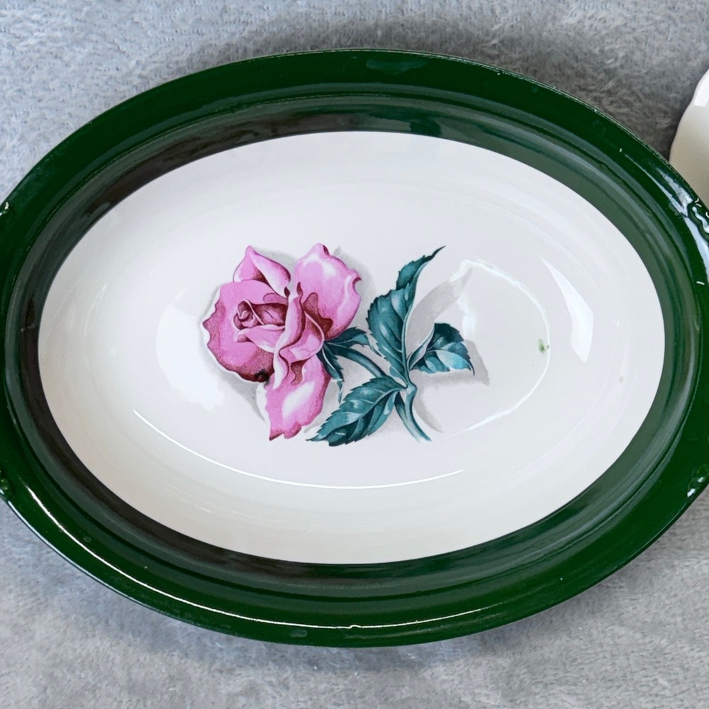 Vintage Nautilus Rose Oval Bowls Grannycore Set of 2 Green Rim Floral Made USA - Picture 7 of 12